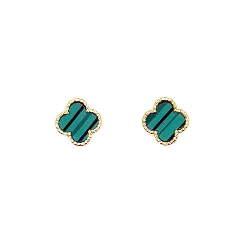 Clover Shaped Stud Earrings- Green/Gold