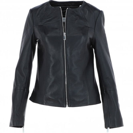 Collarless Leather Jacket Black