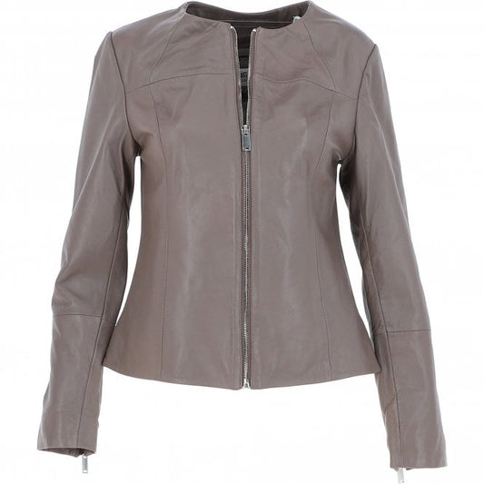 Collarless Leather Jacket Taupe